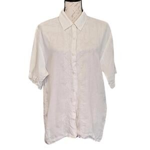 Womens Ivory Linen Button-Up Cubavera Blouse – Coastal Resort Loungwear Beach